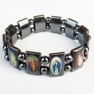 New Black Hematite Stretch Catholic Scenes Bracelet.